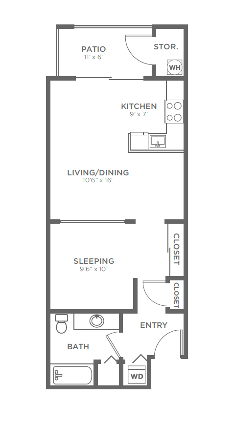 Floor plan for studio, 1 bath, 562 sqft